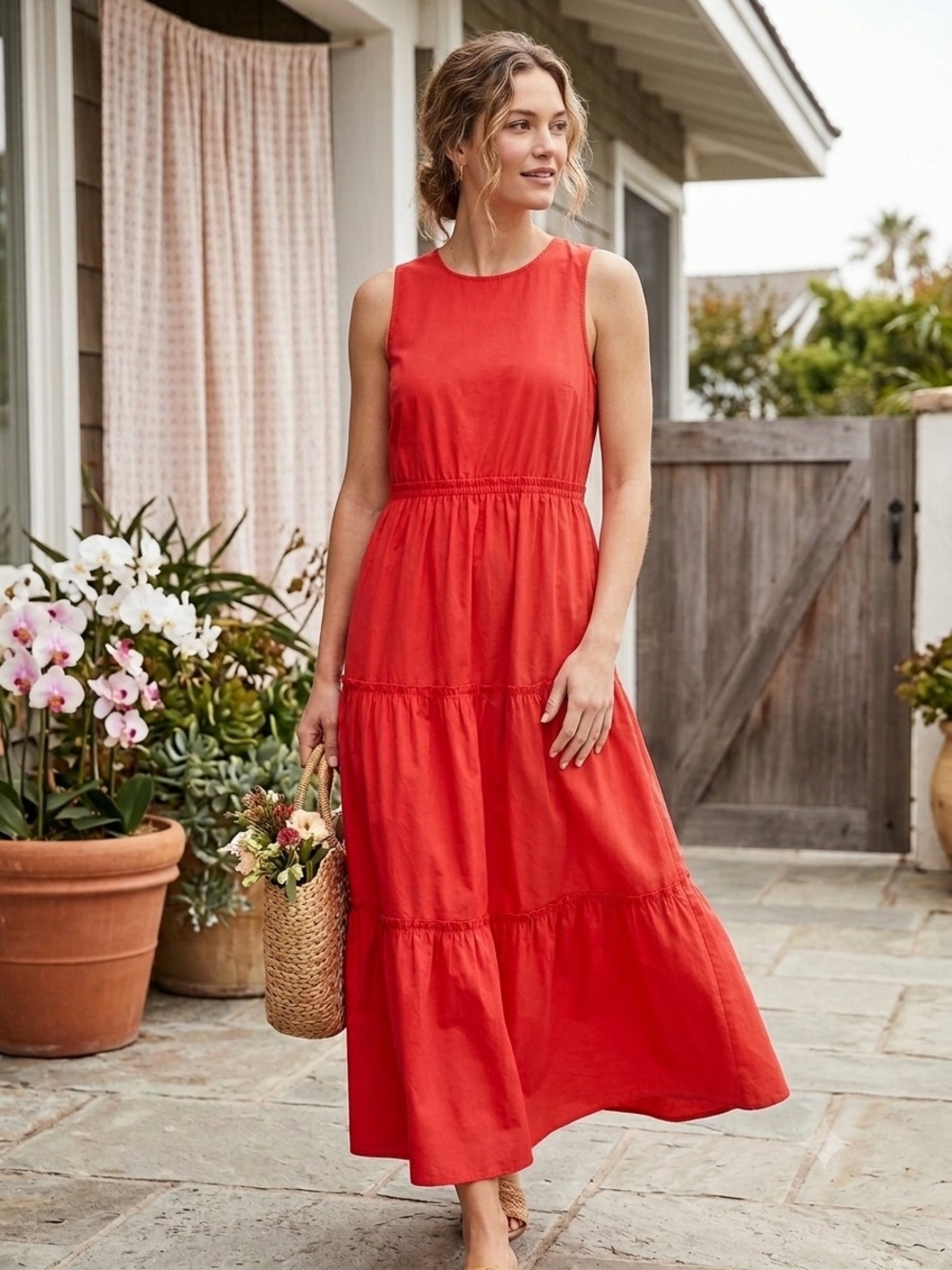Madewell Sleeveless Coral-Red Tiered Maxi Dress